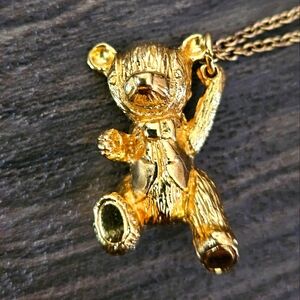 Franklin Mint 75th Anniversary Teddy Bear Pendant Charm Necklace 24k GOLD 1978